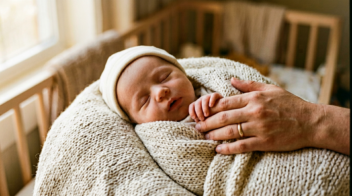 A sleeping newborn swaddled in a knit blanket, a parent's hand resting gently on theirs